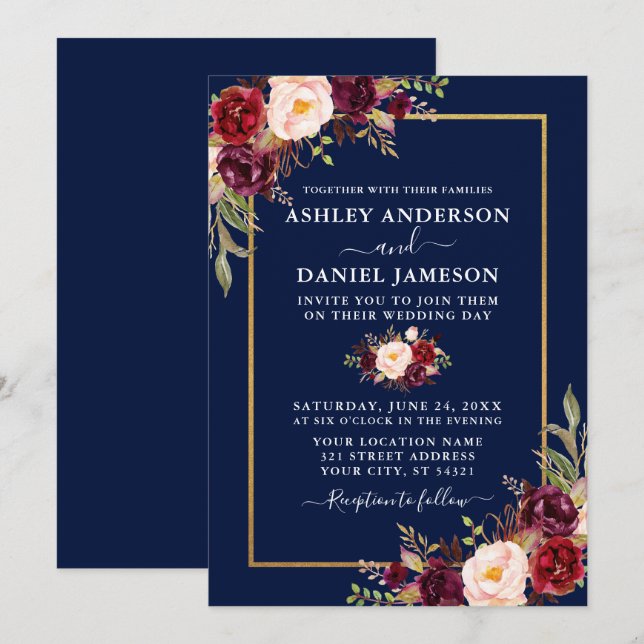 Watercolor Burgundy Floral Blue Gold Wedding Invitation (Front/Back)