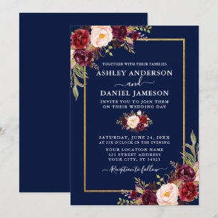 Watercolor Burgundy Floral Blue Gold Wedding Invitation