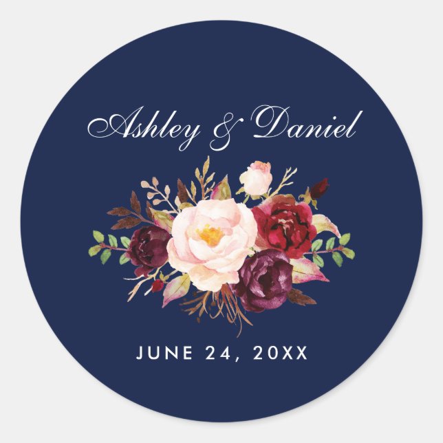 Watercolor Burgundy Floral Blue Wedding Classic Round Sticker (Front)