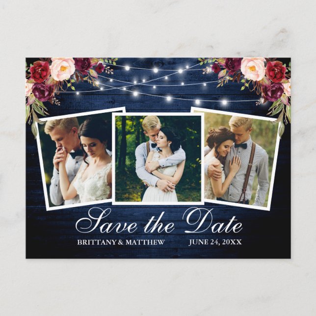 Watercolor Burgundy Floral Blue Wood 3 Photo Postcard (Front)