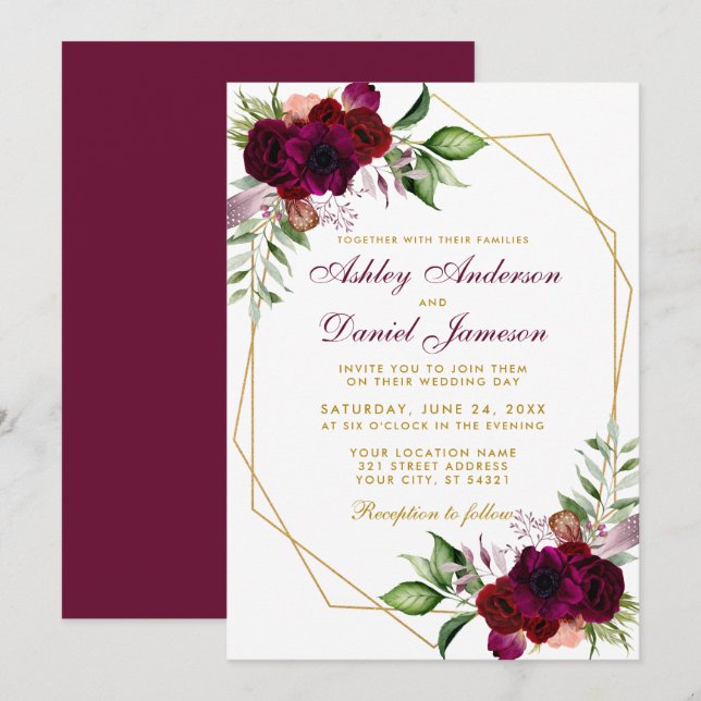 Watercolor Burgundy Floral Boho Gold Frame Wedding Invitation (Front/Back)
