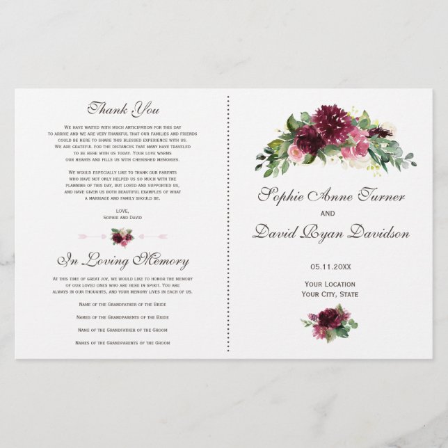 Watercolor Burgundy Floral Bouquet Wedding Program (Front)