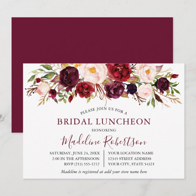 Watercolor Burgundy Floral Bridal Luncheon Invitation (Front/Back)