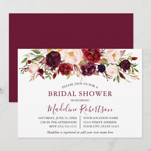 Watercolor Burgundy Floral Bridal Shower Invitation (Front/Back)