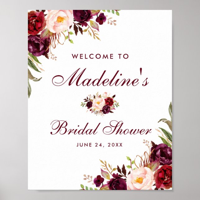 Watercolor Burgundy Floral Bridal Shower Welcome Poster (Front)