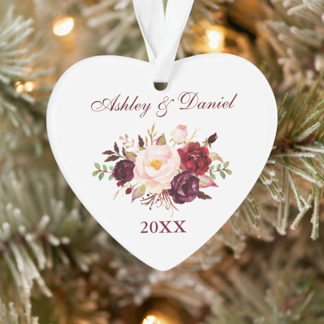 Watercolor Burgundy Floral Couple Names Heart Ornament (Tree)