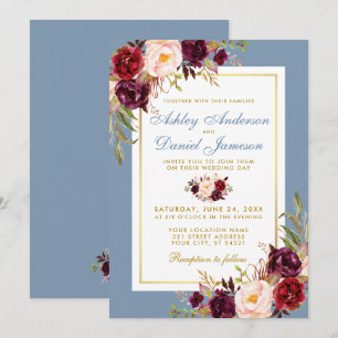 Watercolor Burgundy Floral Dusty Blue Wedding Invitation