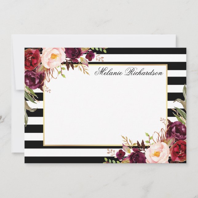Watercolor Burgundy Floral Elegant Striped Card (Front)