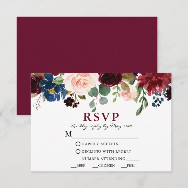 Watercolor Burgundy Floral Elegant Wedding Meal RSVP Card (Front/Back)