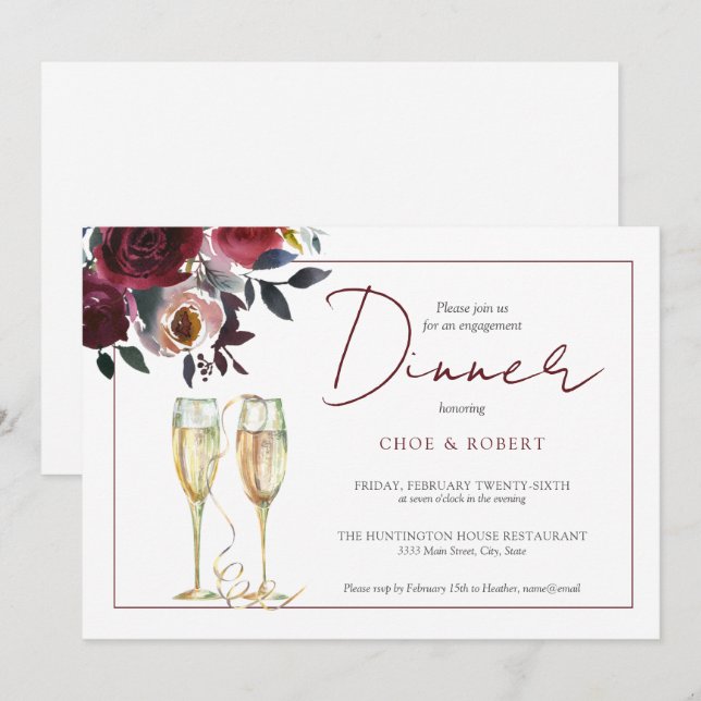 Watercolor Burgundy Floral Engagement Dinner Invitation (Front/Back)
