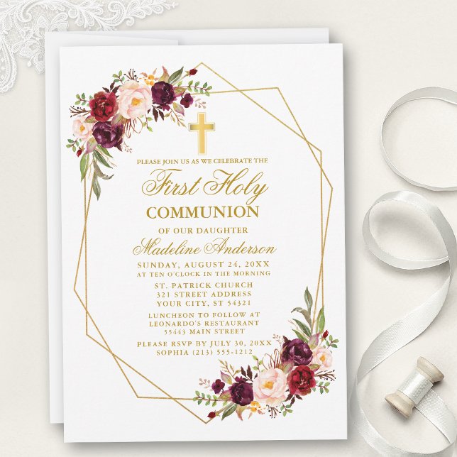 Watercolor Burgundy Floral Geo Frame Communion Invitation (Customize to change text size, color, style or to add more text and photos to back of card.)