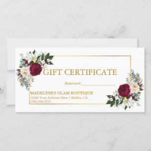 Watercolor Burgundy Floral Gift Certificate Gold