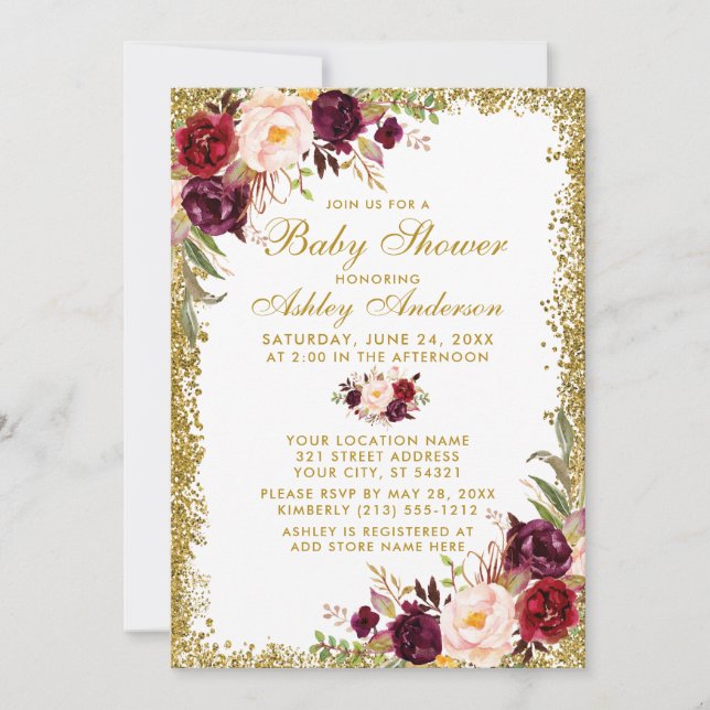 Watercolor Burgundy Floral Glitter Baby Shower Invitation (Front)