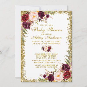 Watercolor Burgundy Floral Glitter Baby Shower Invitation