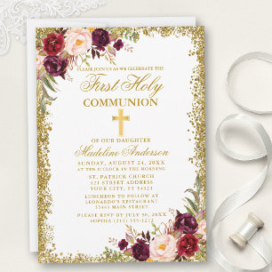 Watercolor Burgundy Floral Glitter First Communion Invitation