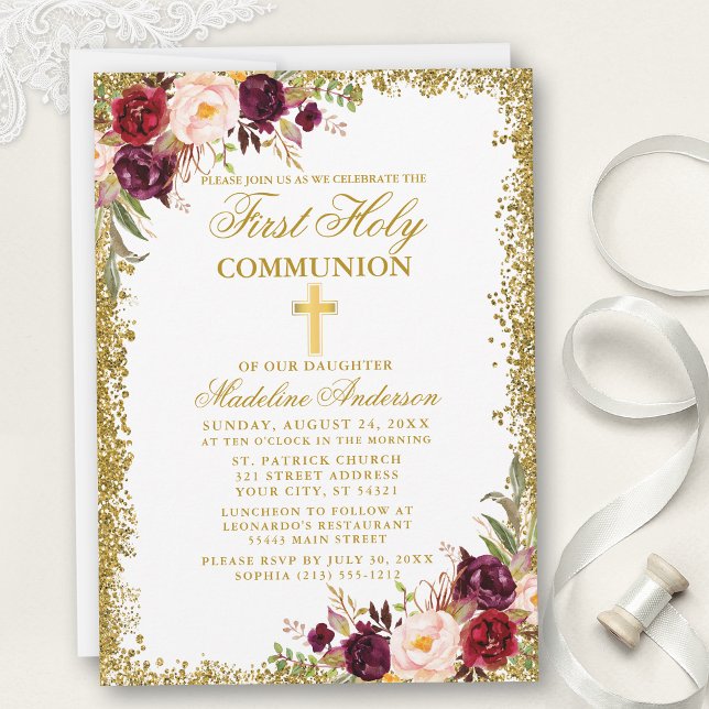 Watercolor Burgundy Floral Glitter First Communion Invitation (Customize to change text size, color, style or to add more text and photos to back of card.)