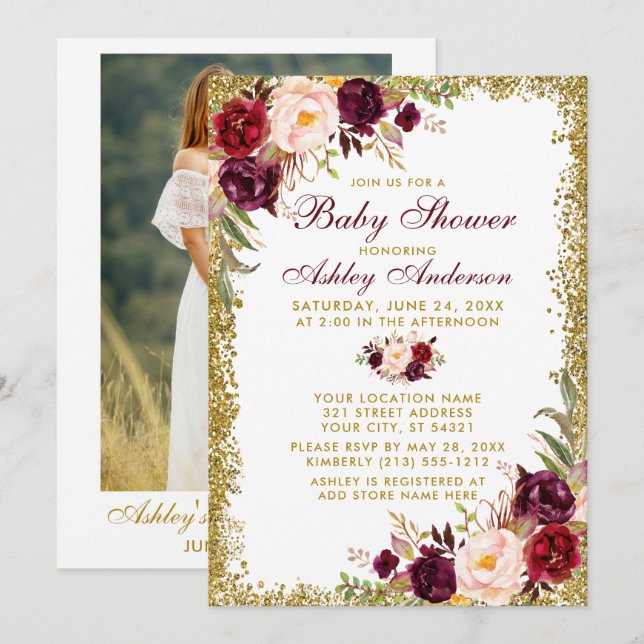 Watercolor Burgundy Floral Glitter Shower Photo Invitation (Front/Back)