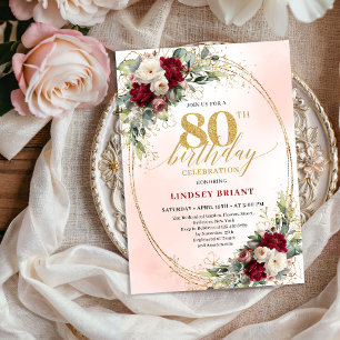 Watercolor Burgundy Floral Gold 80th Birthday Invitation