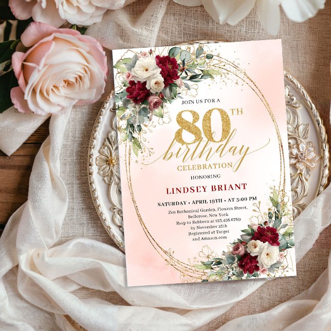 Watercolor Burgundy Floral Gold 80th Birthday  Invitation (Watercolor Burgundy Floral Gold 80th Birthday Invite)