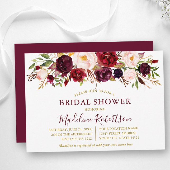 Watercolor Burgundy Floral Gold Bridal Shower Invitation (Customize to change text color, text style or color of back of card.)