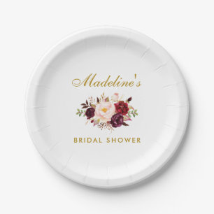 Watercolor Burgundy Floral Gold Bridal Shower Paper Plate
