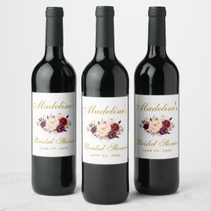 Watercolor Burgundy Floral Gold Bridal Shower Wine Label