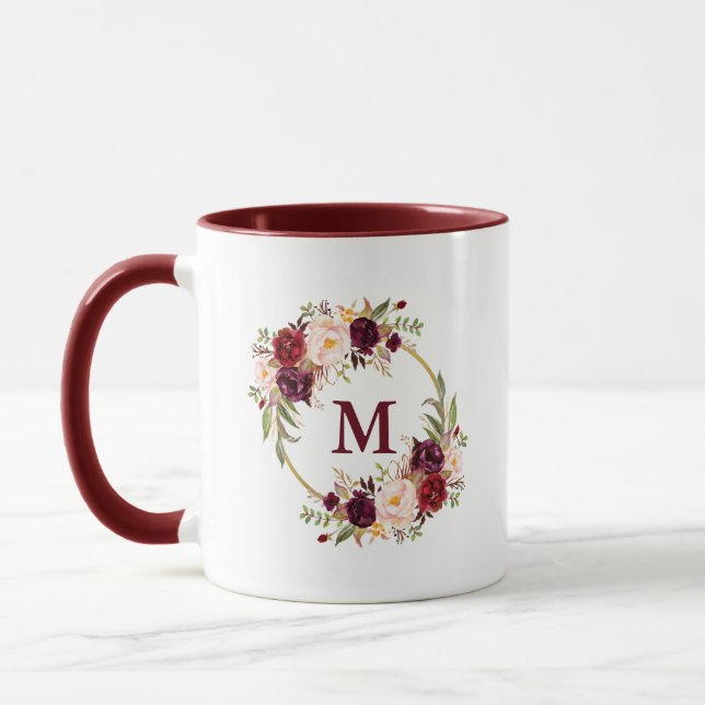 Watercolor Burgundy Floral Gold Circle Monogram B Mug (Left)