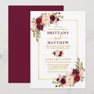 Watercolor Burgundy Floral Gold Frame Wedding Invitation