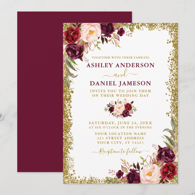 Watercolor Burgundy Floral Gold Glitter Wedding Invitation (Front/Back)