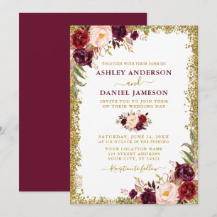 Watercolor Burgundy Floral Gold Glitter Wedding Invitation