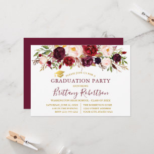 Watercolor Burgundy Floral Gold Graduation Party Invitation