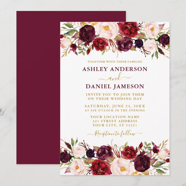 Watercolor Burgundy Floral Gold Modern Wedding Invitation (Front/Back)