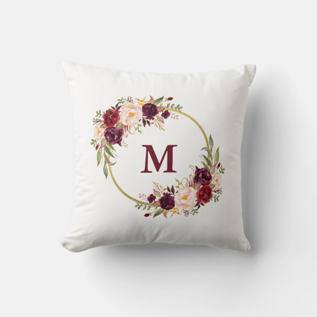 Watercolor Burgundy Floral Gold Monogram Cushion (Front)