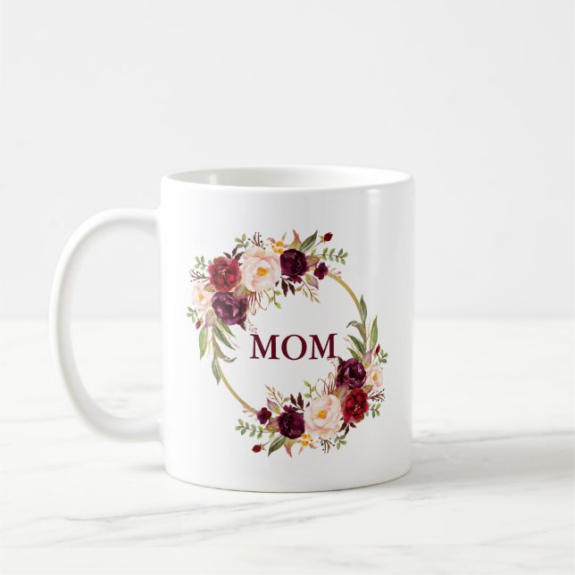 Watercolor Burgundy Floral Gold Mum Coffee Mug (Left)