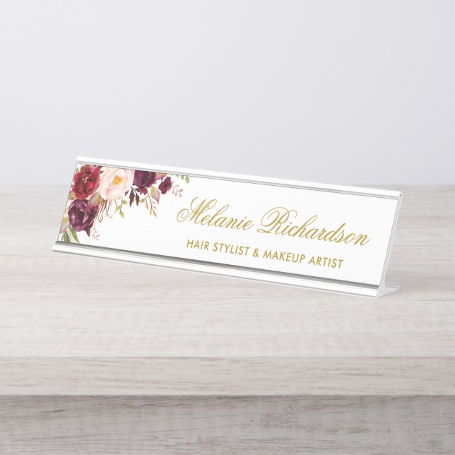 Watercolor Burgundy Floral Gold Name Plate (Front)