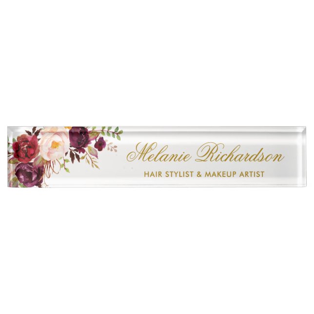 Watercolor Burgundy Floral Gold Nameplate (Front)