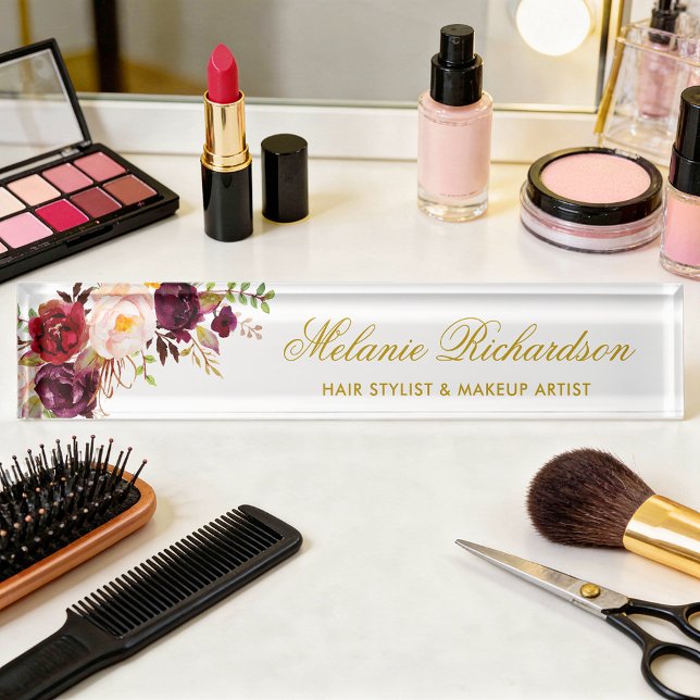 Watercolor Burgundy Floral Gold Nameplate (Customize to change text size, style or text color.)