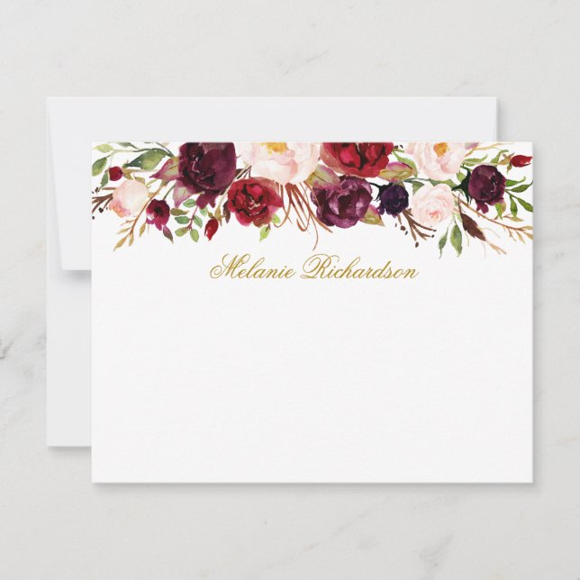 Watercolor Burgundy Floral Gold Personalised Card (Front)