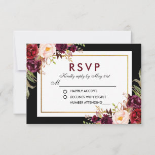 Watercolor Burgundy Floral Gold Wedding Black RSVP Card