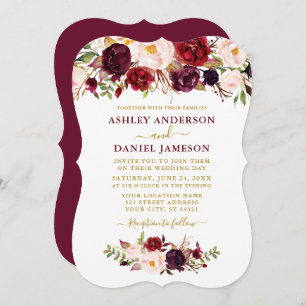 Watercolor Burgundy Floral Gold Wedding Bracket Invitation