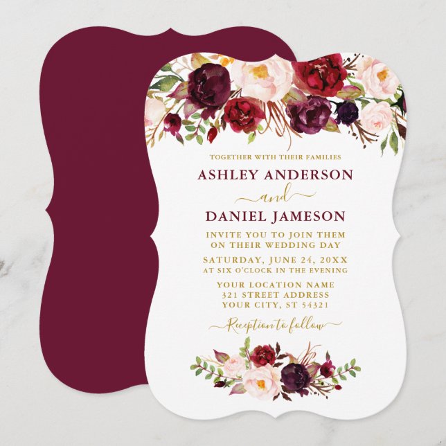 Watercolor Burgundy Floral Gold Wedding Bracket Invitation (Front/Back)