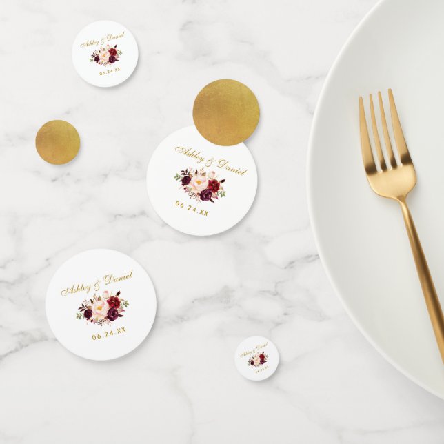 Watercolor Burgundy Floral Gold Wedding Confetti (Group)