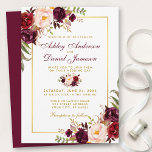 Watercolor Burgundy Floral Gold Wedding Invitation<br><div class="desc">Elegant Burgundy Watercolor Floral and Gold Wedding Invitation includes burgundy roses,  pink roses,  red roses and botanical greenery - Burgundy Back</div>