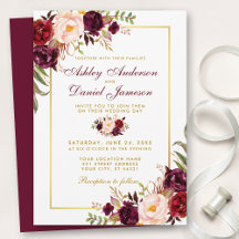 Watercolor Burgundy Floral Gold Wedding Invitation