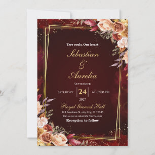 Watercolor Burgundy Floral Gold Wedding Invitation