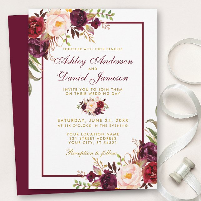 Watercolor Burgundy Floral Gold Wedding Invite BF (Customize to change text color, style, add text & photos to back or change color of back of card.)