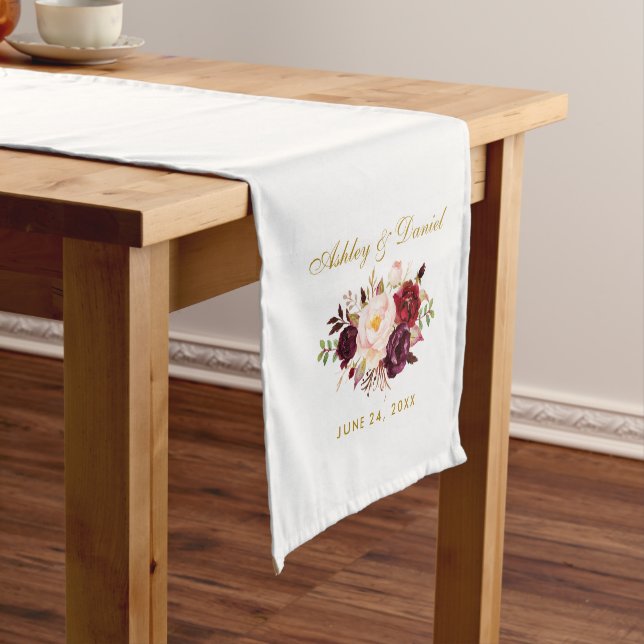 Watercolor Burgundy Floral Gold Wedding Medium Table Runner (In Situ)