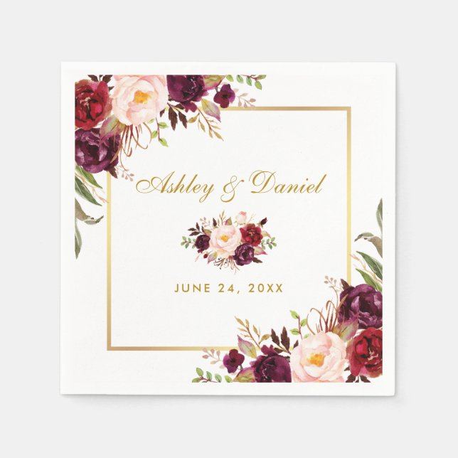 Watercolor Burgundy Floral Gold Wedding Napkin (Front)