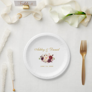 Watercolor Burgundy Floral Gold Wedding Paper Plate