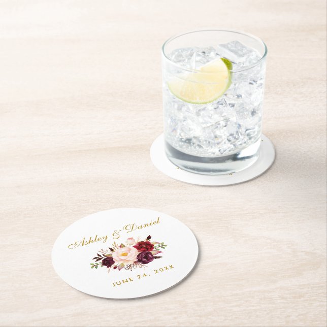 Watercolor Burgundy Floral Gold Wedding Round Paper Coaster (Insitu)
